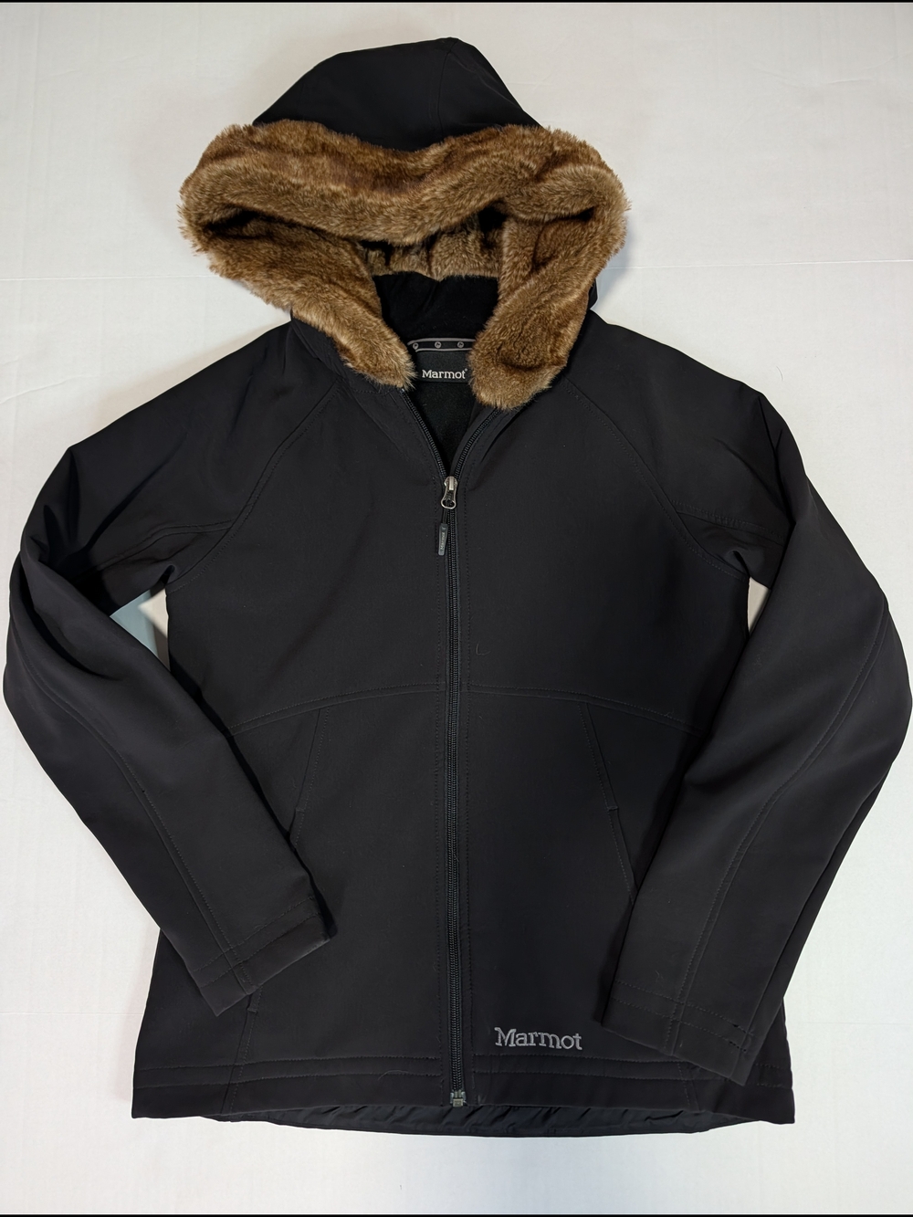 Marmot Furlong Softshell Fitted Jacket Faux Fur Trim Hood Black Women's Size, M